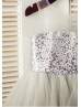 Sheer Neckline Silver Grey Sequin Ruffle Tulle Tea Length Flower Girl Dress